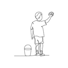 One continuous line of a boy is wiping with a wet cloth. Minimalist style vector illustration in white background.