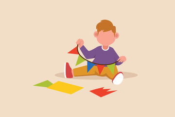 Little boy make color triangle flags from paper and rope. the concept of pupil activity in class. Flat vector illustrations isolated.