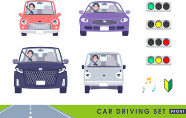 Naklejka premium 車を運転する事務員女性のセット。正面向き