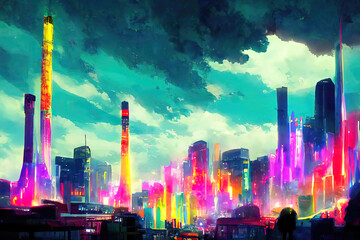 Cyber City, Neon, colorful. Skyscraper reaching into the clouds.