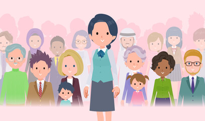 大勢の前に立つ事務員女性のセット