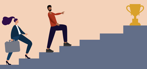 Young man and woman climbing the corporate career ladder. Business competition concept