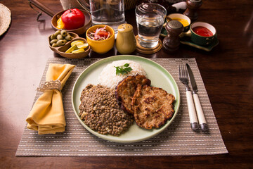 Lentils stew with hamburguer tuna tortilla peruvian gourmet restaurant comfort food