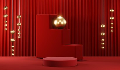 3D rendering of blank product background for cream cosmetics Modern red podium background