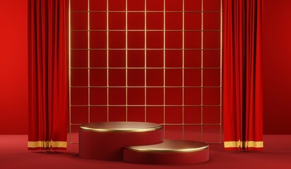 3D rendering of blank product background for cream cosmetics Modern red podium background