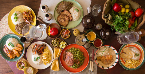 Buffet dinner table peruvian gourmet comfort food cuisine - Powered by Adobe