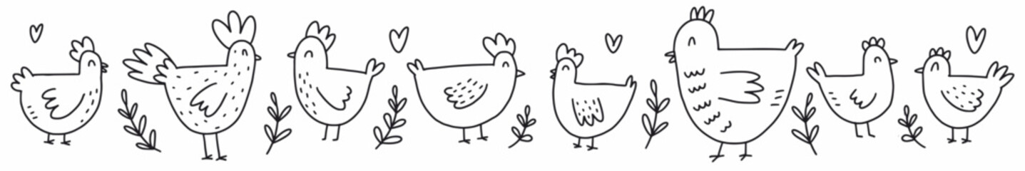 A hand-drawn set of cute chickens. Vector illustration of poultry drawn in the style of doodles.