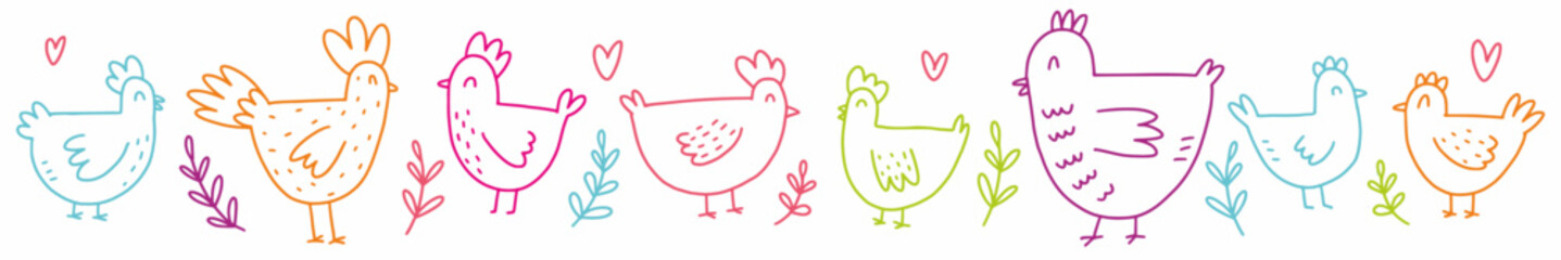 A hand-drawn set of cute chickens. Vector illustration of poultry drawn in the style of doodles.