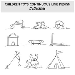 Set of children toys continuous line. Vector illustration of minimalist style on a white background.
