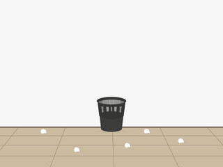 Black plastic wastepaper basket and paper on the floor indoors
