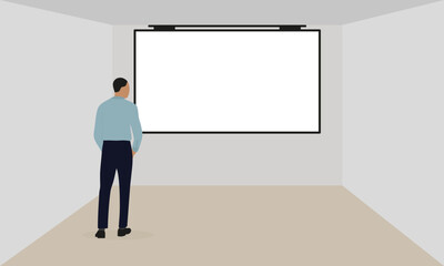 A man in business clothes stands in front of a blank screen hanging on the wall