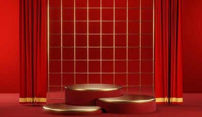 3D rendering of blank product background for cream cosmetics Modern red podium background