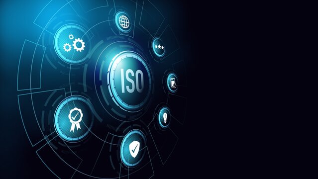ISO. Concept of ISO Standards Quality Assurance Warranty Warranty Business Technology  on a dark background