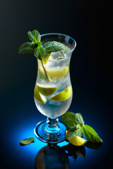 Mojito cocktail with ice, lime, and mint.