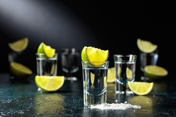 Tequila shots with lime slices and sea salt.