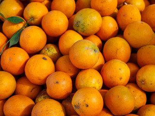 group of fresh organic tangerin orange in the local market. Full frame fruit background. Top view copy space close up