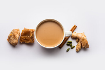 Jaggery tea or Gur ki chai with ingredients like gud, ginger or adrak, green cardamom and cinnamon