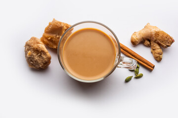 Jaggery tea or Gur ki chai with ingredients like gud, ginger or adrak, green cardamom and cinnamon