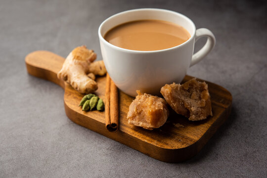 Jaggery tea or Gur ki chai with ingredients like gud, ginger or adrak, green cardamom and cinnamon