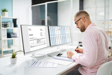 Obraz premium Young Businessman Calculating Invoice On Computer Screen