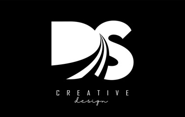 Creative white letters DS d s logo with leading lines and road concept design. Letters with geometric design.