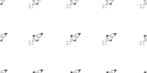 Doodle cosmic seamless pattern in childish style. Hand drawn abstract space rocket. Black and white