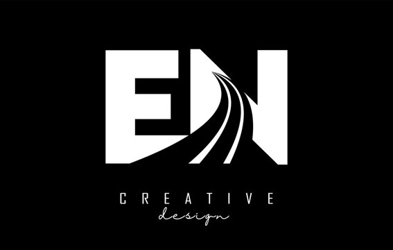 Creative white letters EN e n logo with leading lines and road concept design. Letters with geometric design.