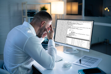Unhappy Sad Developer Programmer Man In Stress Coding Software