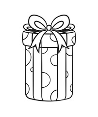 Round gift box with polka dots and bow cartoon. Christmas or birthday present illustration outline. Coloring book page printable activity worksheet for kids.