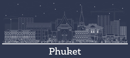 Outline Phuket Thailand City Skyline with White Buildings. - obrazy, fototapety, plakaty