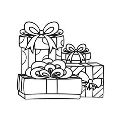Colorful festive gifts, boxes and presents outline cartoon illustration. Christmas or birthday gifts with bows. Coloring book page printable activity worksheet for kids.