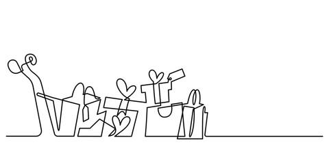 shopping cart with shopping bags and gift boxes celebration in continuous line drawing