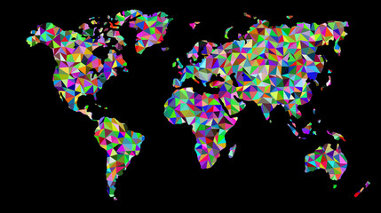 Multicolored world map on black background. Illustration.