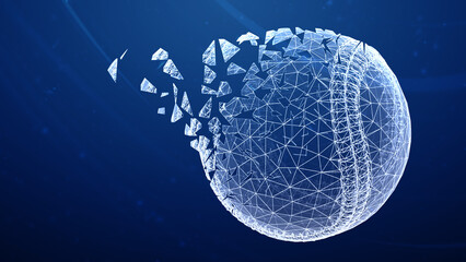 3D mesh of a baseball isolated on blue abstract background. 3D illustration.