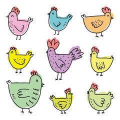 A hand-drawn set of cute chickens. Vector illustration of poultry drawn in the style of doodles.