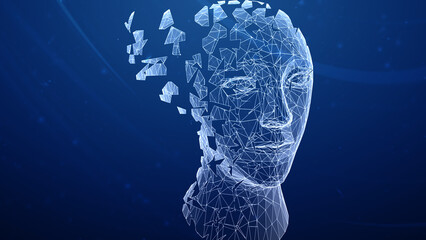 Three-dimensional human head isolated on blue background. 3D illustration.