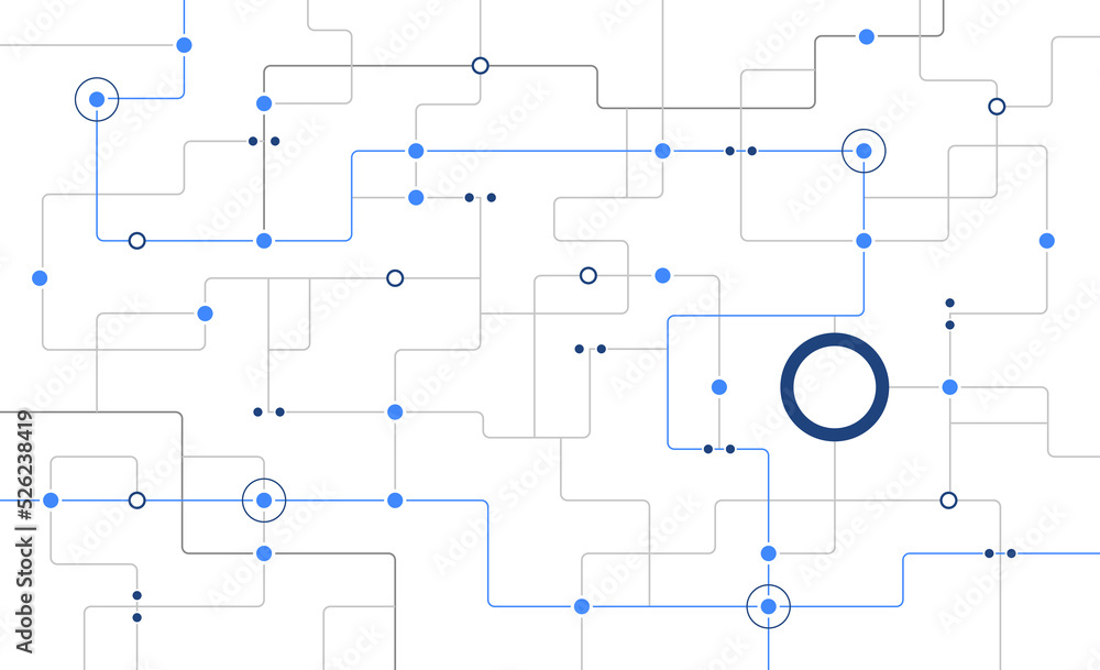 Fototapete Network complex circuit board system connected dots and lines background template. Big data technology blockchain linked global digital database graphic vector.	