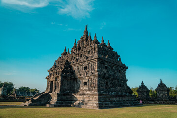 Plaosan Temple, a Buddhist temple relic of the ancient Mataram kingdom with a magnificent building and still very clean with a blue sky background