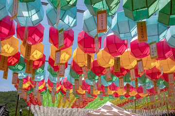 Colorful lanterns at the Beomeosa Buddhist temple in Busan South Korea during Buddha's birthday festival