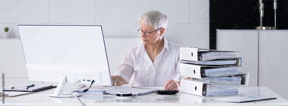 Poster Accountant With Folders Paper Stack Doing Invoice