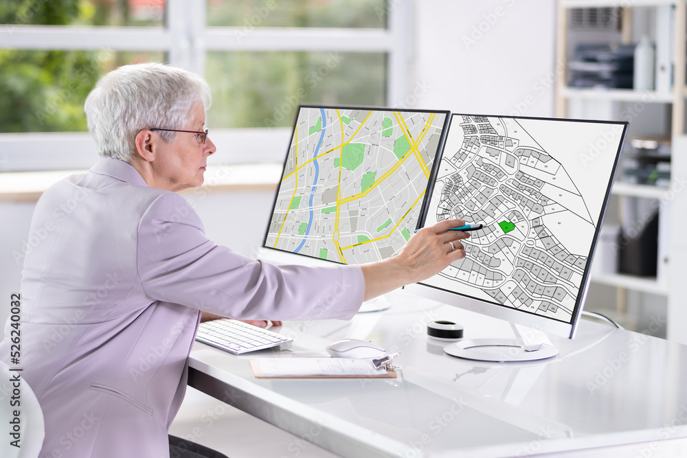 Poster Businessperson Analyzing Cadastre Map On Computer