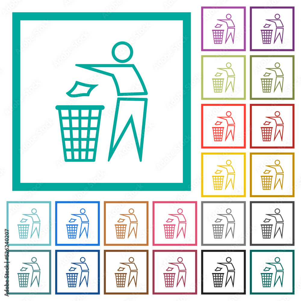 Poster tidy man outline flat color icons with quadrant frames