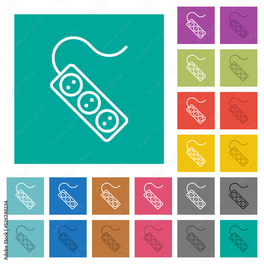 Poster portable electrical outlet with three sockets and cord outline square flat multi colored icons