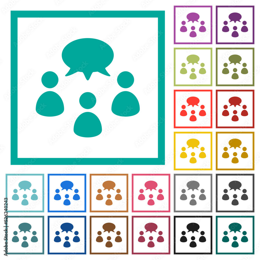Poster three talking persons with oval bubble solid flat color icons with quadrant frames