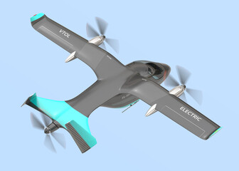 Rear view of Electric VTOL passenger aircraft  flying in the sky. Air mobility concept.  3D rendering image.