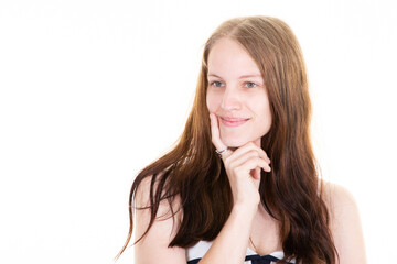 portrait girl pensive young woman smiling looking aside with beauty cute smile posing in white copy space wall background