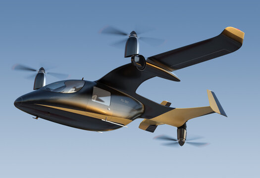 Electric VTOL Passenger Aircraft  Flying In The Sky. Air Mobility Concept.  3D Rendering Image.