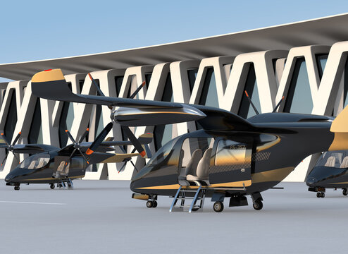 Electric VTOL passenger aircrafts in airport. Urban Passenger Mobility concept. 3D rendering image.