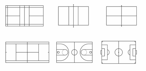 thin line Sport court set isolated on white background.soccer, tennis,table tennis, badminton,basket,ping pong,wiff waff, football court vector