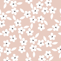 Seamless floral pattern. Fashionable background of wonderful white flowers and leaves. light pink background.